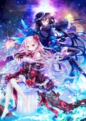  2girls :d bare_shoulders barefoot black_hair black_legwear blue_eyes commentary_request constellation crab dress flower hat ibara_riato long_hair multiple_girls open_mouth original pink_hair red_eyes smile star_(symbol) thighhighs zodiac 