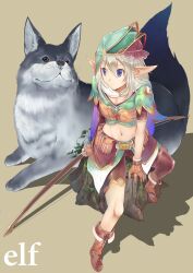  animal_ears asymmetrical_clothes belt blonde_hair blue_eyes boots bow bow_(weapon) commentary_request elf female gloves hat highres holding midriff navel original painttool_sai_(medium) pointy_ears sitting solo sts tree_stump weapon 