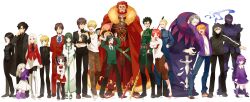  6+boys 6+girls :&lt; ahoge anger_vein arm_around_neck arm_hug armor arms_up artoria_pendragon_(fate) ascot assassin_(fate/zero) beard berserker_(fate/zero) black_eyes black_hair black_pantyhose blonde_hair blue_eyes boots bow bowl bowtie bracelet brown_eyes brown_hair cape capri_pants closed_eyes coat commentary_request cross cross_necklace diarmuid_ua_duibhne_(lancer)_(fate) dress dual_wielding emiya_kiritsugu everyone facial_hair fate/zero fate_(series) food formal full_armor fur_trim gilgamesh_(fate) gilles_de_rais_(caster)_(fate) gloves goatee green_dress green_eyes green_hair grey_hair gum_(gmng) hairbow hand_on_another&#039;s_shoulder hand_on_own_hip heart height_chart height_difference highres hisau_maiya holding holding_hands illyasviel_von_einzbern irisviel_von_einzbern iskandar_(fate) jacket jewelry kayneth_el-melloi_archibald kneehighs knight kotomine_kirei lineup lolicon long_hair looking_at_viewer mapo_tofu matou_kariya matou_sakura multiple_boys multiple_girls neck_ribbon necklace necktie no_socks official_alternate_costume one_eye_closed open_mouth orange_hair pants pantyhose polearm ponytail purple_dress purple_eyes purple_hair purple_legwear red_eyes red_footwear red_hair ribbon ring saber_(fate) sandals shawl shoes short_hair sideburns simple_background skirt smile socks sola-ui_nuada-re_sophia-ri sparkle spear spoon standing standing_on_one_leg suit sweater thigh_boots thighhighs tohsaka_aoi tohsaka_rin tohsaka_tokiomi twintails uryuu_ryuunosuke v v-neck waver_velvet weapon white_background white_gloves white_hair white_legwear yellow_eyes zettai_ryouiki 