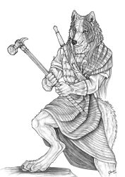  bec_de_corbin canid canine canis digitigrade hammer highlander male mammal melee_weapon monochrome simple_background simul smile solo tools warhammer weapon white_background wolf 