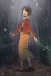  bamboo bamboo_forest black_hair brown_hair closed_eyes commentary_request female forest from_behind full_body jacket japanese_clothes kara_no_kyoukai kimono knife monokuro_(snog) nature partial_commentary red_jacket reverse_grip ryougi_shiki sandals short_hair smile solo 