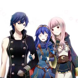  1boy 2girls :d arm_grab armor belt blue_eyes blue_hair blush cape chrom_(fire_emblem) cloak closed_eyes commentary family father_and_daughter fingerless_gloves fire_emblem fire_emblem_awakening gloves husband_and_wife long_hair lucina_(fire_emblem) machinosuke mother_and_daughter multiple_girls open_mouth pink_eyes pink_hair robin_(female)_(fire_emblem) robin_(fire_emblem) skirt smile tiara 