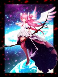  arm_at_side arrow_(projectile) boots bow bow_(weapon) choker commentary_request drawing_bow dress female gloves hair_ribbon hairbow holding holding_arrow holding_bow_(weapon) holding_weapon kaname_madoka long_hair mahou_shoujo_madoka_magica mahou_shoujo_madoka_magica_(anime) photoshop_(medium) pink_footwear pink_hair pink_thighhighs planet ribbon senkon solo thighhighs two_side_up ultimate_madoka weapon white_gloves wings yellow_eyes zettai_ryouiki 