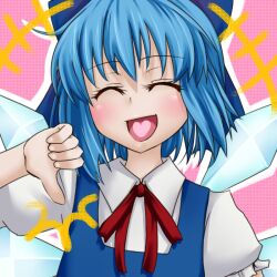  ^_^ blue_hair bow cirno closed_eyes commentary_request female hairbow heart open_mouth short_hair smile solo thumbs_down tori_(minamopa) touhou upper_body wings 