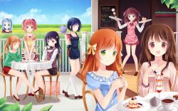  6+girls :d ^_^ apron bad_deviantart_id bad_id blue_eyes blue_hair blush bow brown_hair cafe cake cake_slice chair chalkboard closed_eyes cup english_text food fruit green_eyes hair_ornament hairbow heart hitsukuya holding holding_cup holding_spoon holding_tray ice_cream long_hair looking_at_viewer menu_board multiple_girls open_mouth orange_hair original parfait pink_hair ponytail purple_hair red_eyes short_hair short_sleeves short_twintails sitting skirt sky smile spilling spoon strawberry strawberry_parfait strawberry_shortcake sundae table tablecloth teapot tiered_tray tray twintails v_arms waitress white_legwear yellow_eyes 