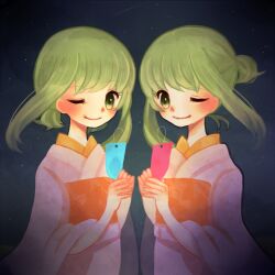  2girls alternate_hairstyle butinekoanemone commentary_request dual_persona green_eyes green_hair gumi hair_up holding holding_tanzaku japanese_clothes kimono low_twintails multiple_girls obi one_eye_closed ponytail sash shooting_star short_hair sidelocks sky smile star_(sky) starry_sky tanabata tanzaku twintails vocaloid 