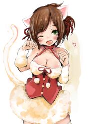  animal_ears arm_warmers bad_id bad_pixiv_id blush breasts brown_hair cat_ears cat_tail cleavage commentary_request corset female green_eyes hair_ribbon haruyukiko heart idolmaster idolmaster_cinderella_girls large_breasts maekawa_miku oerba_yun_fang one_eye_closed open_mouth paw_pose photoshop_(medium) ponytail ribbon short_hair skirt smile solo tail thighhighs 