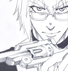  1boy commentary_request glasses graphite_(medium) greyscale gun handgun lips looking_at_viewer male_focus manly millipen_(medium) monochrome morichika_rinnosuke nib_pen_(medium) portrait revolver simple_background solo touhou traditional_media tsurime weapon white_background yokojima 