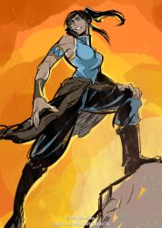  armband avatar_legends bad_id bad_pixiv_id bare_shoulders blue_eyes boots breasts brown_hair dark-skinned_female dark_skin darkwinslow female hair_tubes korra long_hair medium_breasts solo the_legend_of_korra topknot 