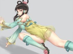  bad_id bad_pixiv_id black_hair brown_eyes chinese_clothes detached_sleeves dress female hair_ornament hair_rings hair_tubes mochi.f see-through shirt solo soulcalibur strapless strapless_dress yan_leixia 