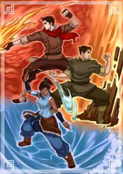  2boys avatar_legends bad_source bare_shoulders black_hair blue_eyes bolin brown_hair commentary_request dark_skin element_bending female fire geokinesis green_eyes hair_tubes highres hydrokinesis korra mako_(avatar) multiple_boys photoshop_(medium) pyrokinesis rich_s the_legend_of_korra topknot vambraces water yellow_eyes 