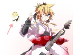  1boy blonde_hair blue_eyes commentary_request electric_guitar fingerless_gloves flower gloves guitar hair_ornament haru_aki instrument japanese_clothes kagamine_len male_focus nail_polish obi one_eye_closed photoshop_(medium) plectrum sash smile solo tossing vocaloid 