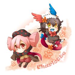  2girls :d black_hair blue_tongue character_name charlotte_(madoka_magica) chibi colored_tongue commentary_request head_wings highres mahou_shoujo_madoka_magica mahou_shoujo_madoka_magica_(anime) mise_yuzuki multicolored_eyes multiple_girls oerba_yun_fang open_mouth personification pink_eyes pink_hair short_hair smile wings 