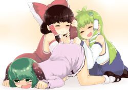  3girls animal_ears blush bow brown_hair closed_eyes commentary_request detached_sleeves female_pervert frog_hair_ornament gigokku green_eyes green_hair hair_ornament hair_tubes hairbow hakurei_reimu kasodani_kyouko kochiya_sanae long_hair multiple_girls open_mouth pervert saliva short_hair smile snake tail tail_pull top-down_bottom-up touhou 