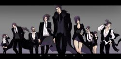  3girls 6+boys akechi_mitsuhide_(sengoku_musou) bald breasts cleavage coat commentary_request dress_shirt facial_hair formal goatee hairband hand_in_pocket hand_on_own_hip hands_in_pockets highres hosokawa_gracia_(sengoku_musou) letterboxed long_hair maeda_toshiie_(sengoku_musou) medium_breasts mori_ranmaru_(sengoku_musou) moustache multiple_boys multiple_girls necktie nene_(sengoku_musou) nouhime_(sengoku_musou) oda_nobunaga_(sengoku_musou) open_clothes open_coat ponytail sengoku_musou sengoku_musou_2 sengoku_musou_3 shibata_katsuie_(sengoku_musou) shirt short_hair skirt skirt_suit suit toyotomi_hideyoshi_(sengoku_musou) vest yoshicha 