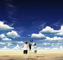  3boys back barefoot black_hair blue_sky brother brothers cloud clouds east_blue flag hat jolly_roger lolicon male male_focus monkey_d_luffy multiple_boys one_piece outdoors pipe pirate_flag pole portgas_d_ace running sabo_(one_piece) sand shorts siblings sky straw_hat top_hat weapon 