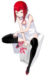  bob_cut china_dress chinese_clothes commentary_request dress female kurumaki_zakuro photoshop_(medium) red_eyes red_hair short_hair simple_background solo thighhighs yasuda_suzuhito yozakura_quartet 