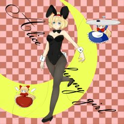  alice_margatroid animal_ears bare_shoulders black_pantyhose blue_eyes bow bowtie breasts checkered_background cleavage commentary_request cup detached_collar female high_heels highres hourai_doll leotard medium_breasts pantyhose playboy_bunny rabbit_ears rabbit_tail shanghai_doll shoes short_hair smile solo tail touhou touko_(kurukuru_pompom) tray wings wrist_cuffs 