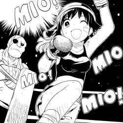  1boy ;d boxing boxing_gloves boxing_ring character_name commentary_request female greyscale hat honda_mio idolmaster idolmaster_cinderella_girls monochrome one_eye_closed open_mouth sagat smile street_fighter tank_top watarai_keiji 