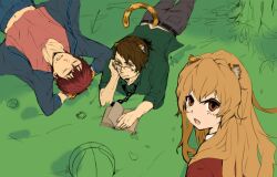  2boys aisaka_taiga animal_ears bespectacled brown_eyes brown_hair commentary_request crossover facial_hair female glasses kaburagi_t._kotetsu kagami_taiga kemonomimi_mode kuroko_no_basuke long_hair mogugogo multiple_boys name_connection necktie short_hair sleeping stubble tail tiger_&amp;_bunny tiger_ears tiger_tail toradora! 