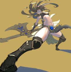  bad_link blue_eyes boomerang boots breasts brown_background brown_hair circlet dual_wielding earrings evil_grin evil_smile female gloves grin highres holding huge_weapon jewelry league_of_legends leaning_back legs long_hair loped medium_breasts midriff navel pelvic_curtain photoshop_(medium) sivir smile solo thigh_boots thighhighs thighs weapon 