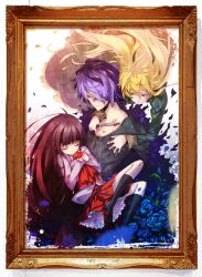  1boy 2girls blonde_hair blood brown_hair closed_eyes commentary_request garry_(ib) green_eyes hair_over_one_eye highres hong_(white_spider) ib_(ib) ib_(kouri) knife long_hair mary_(ib) multiple_girls painting_(object) photoshop_(medium) picture_frame purple_eyes purple_hair shirt_grab short_hair skirt sleeping 