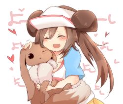  blush brown_hair closed_eyes commentary_request double_bun eevee female hair_bun long_hair pokemon pokemon_(creature) pokemon_bw2 raglan_sleeves rosa_(pokemon) smile tosura-ayato twintails visor_cap 