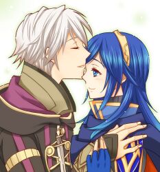  1boy armor blue_eyes blue_hair blush cape closed_eyes commentary_request couple female fingerless_gloves fire_emblem fire_emblem_awakening gloves kissing kissing_forehead long_hair lucina_(fire_emblem) robin_(fire_emblem) robin_(male)_(fire_emblem) sawako68 smile straight 