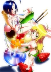  2girls :p ahoge bad_id bad_pixiv_id barefoot bikini blonde_hair blue_hair breasts cherry cleavage eating food from_behind fruit green_eyes halterneck hoshii_miki ice_cream idolmaster idolmaster_(classic) in_food long_hair looking_back medium_breasts melon mini_person minigirl miura_azusa multiple_girls pocky red_eyes short_hair side-tie_bikini_bottom sitting smile sonsoso strawberry string_bikini swimsuit tongue tongue_out 