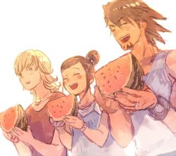  2boys bad_id bad_pixiv_id barnaby_brooks_jr. blonde_hair braid braided_bangs brown_hair facial_hair female food fruit kaburagi_kaede kaburagi_t._kotetsu multiple_boys pon_(cielo) side_ponytail stubble summer tank_top tiger_&amp;_bunny watermelon 