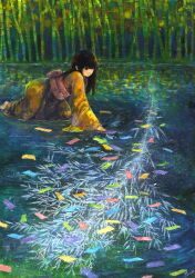  all_fours bamboo black_hair commentary_request female japanese_clothes kimono long_hair mooku night obi original photoshop_(medium) reflection ripples sash tanabata tanzaku traditional_media water 