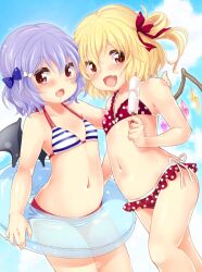  2girls :d bat_wings bikini blonde_hair blue_hair bow cloud commentary_request day flandre_scarlet flat_chest food hair_ribbon hairbow holding innertube long_hair multiple_girls navel oerba_yun_fang open_mouth photoshop_(medium) polka_dot polka_dot_bikini polka_dot_swimsuit popsicle red_eyes remilia_scarlet ribbon short_hair siblings side_ponytail sisters sky smile striped_bikini striped_clothes swim_ring swimsuit touhou wings yukiu_con 