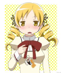  blonde_hair blush charlotte_(madoka_magica) commentary_request cup drill_hair female hair_ornament mahou_shoujo_madoka_magica mahou_shoujo_madoka_magica_(anime) mitakihara_school_uniform official_style open_mouth ribbon school_uniform solo tatsuo_(tty0607) teacup tomoe_mami yellow_eyes 