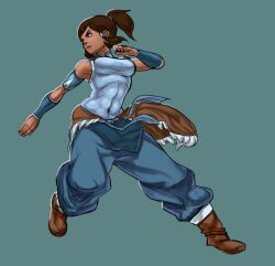  abs armband armpits avatar_legends bad_source bare_shoulders blue_eyes boots breasts brown_hair commentary_request covered_navel dark-skinned_female dark_skin female hair_tubes korra long_hair medium_breasts ponytail rich_s skin_tight solo the_legend_of_korra toned topknot vambraces 