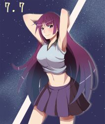  akumu_(hiziiiiii) armpits arms_behind_head blue_eyes casual closed_mouth commentary_request dated female highres long_hair looking_at_viewer midriff monogatari_(series) navel photoshop_(medium) pleated_skirt purple_hair purple_skirt senjougahara_hitagi skirt sky smile solo star_(sky) starry_sky tanabata 