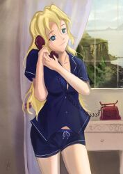  bed blind blonde_hair blue_eyes katawa_shoujo pajamas phone room satou_lilly scenery solo 