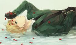  1boy axis_powers_hetalia belt blonde_hair commentary_request gloves green_eyes hand_on_own_forehead looking_at_viewer lying lying_on_water male_focus military military_uniform necktie on_back petals sam_browne_belt sawa2 shallow_water sideways_glance solo uniform united_kingdom_(hetalia) water 