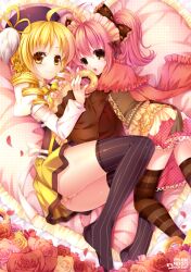  2girls ahoge ass beret black_thighhighs blonde_hair blush blush_stickers brown_eyes brown_legwear charlotte_(madoka_magica) commentary_request corset detached_sleeves doughnut drill_hair flower food frilled_skirt frills grandia_bing hair_ornament hairpin hat humanization looking_at_viewer magical_girl mahou_shoujo_madoka_magica mahou_shoujo_madoka_magica_(anime) multiple_girls on_bed open_mouth panties petals photoshop_(medium) pillow pink_flower pink_hair pink_rose puffy_sleeves red_flower red_rose rose skirt smile striped_clothes striped_panties striped_thighhighs thighhighs thighs tomoe_mami tomoe_mami_(magical_girl) twin_drills underwear vertical-striped_clothes vertical-striped_thighhighs yellow_eyes yellow_flower yellow_rose yuri 