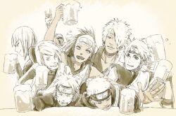  2girls 6+boys alcohol atsui beer beer_mug c_(naruto) darui drunk happy karui killer_bee kumogakure_symbol multiple_boys multiple_girls naruto naruto_shippuuden nishimura_aloha omoi_(naruto) samui short_hair smile uzumaki_naruto 