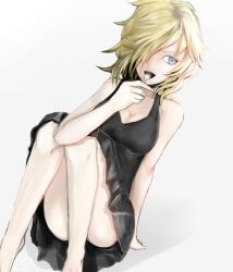  bad_id bad_pixiv_id bare_legs bare_shoulders blonde_hair blue_eyes breasts cleavage dress female fork hair_over_one_eye jormungand_(manga) kurokawa_(kurokashi655) medium_breasts photoshop_(medium) schokolade solo 