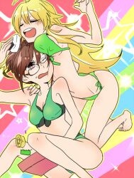  2girls akizuki_ritsuko bad_id bad_pixiv_id bikini blonde_hair breasts brown_eyes brown_hair closed_eyes food glasses green_bikini hoshii_miki idolmaster idolmaster_(classic) inconvenient_breasts large_breasts long_hair midriff multiple_girls onigiri open_mouth smile swimsuit yurixxx 