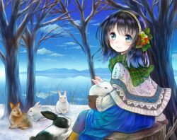  animal bad_id bad_pixiv_id black_hair blue_eyes earmuffs female hanekoto mittens mountain original outdoors pantyhose pleated_skirt rabbit shawl sitting skirt smile snow solo tree tree_stump water winter 