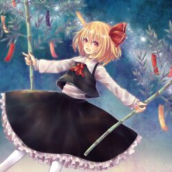  ascot bad_id bad_pixiv_id blonde_hair female frills hair_ribbon long_sleeves night open_mouth outstretched_arms pantyhose red_eyes ribbon rumia sato_ame short_hair solo star_(symbol) tanabata tanzaku touhou 