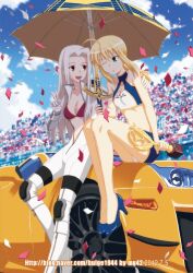  2girls adapted_object ahoge artoria_pendragon_(fate) avalon_(fate/stay_night) blonde_hair bodysuit breasts bulge1944 caliburn_(fate) car center_opening commentary_request confetti fate/zero fate_(series) green_eyes halterneck high_heels irisviel_von_einzbern lexus lexus_lfa long_hair medium_breasts motor_vehicle multiple_girls navel one_eye_closed outdoors panties pantyshot photoshop_(medium) ponytail race_queen race_vehicle racecar racing_suit red_eyes saber_(fate) shoes small_breasts umbrella underwear uniform unzipped v watermark web_address white_hair 