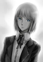  aged_down blue_eyes commentary_request eyelashes female jormungand_(manga) koko_hekmatyar sasora short_hair solo spot_color white_hair 