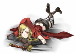  ass bad_id bad_pixiv_id belt blonde_hair boots broken broken_sword broken_weapon brown_gloves female gloves highres hood little_red_riding_hood long_hair lying neco on_stomach original red_eyes short_shorts shorts solo sword weapon 