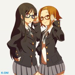  2girls adjusting_eyewear akiyama_mio bad_id bad_pixiv_id bespectacled black_hair blue-framed_eyewear brown-framed_eyewear brown_hair glasses hairband hajime_(hajime-ill-1st) hand_on_own_hip k-on! long_hair multiple_girls open_mouth sakuragaoka_high_school_uniform school_uniform short_hair skirt smile tainaka_ritsu 