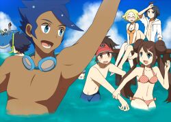  3girls 6+boys bianca_(pokemon) bikini black_hair blonde_hair blue_hair blush breasts brown_hair cheren_(pokemon) colress_(pokemon) commentary_request double_bun doughnut_hair_bun glasses goggles green_hair hair_bun hilbert_(pokemon) hilda_(pokemon) hugh_(pokemon) jacket legskin long_hair male_swimwear marlon_(pokemon) medium_breasts multiple_boys multiple_girls n_(pokemon) nanananona nate_(pokemon) ocean one-piece_swimsuit open_mouth outdoors pokemon pokemon_(creature) pokemon_bw pokemon_bw2 rosa_(pokemon) short_hair small_breasts snorkel swimsuit twintails very_long_hair visor_cap wailord water 