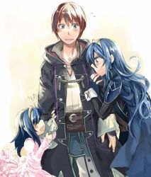  1boy 2girls :d angry arm_hug armor blue_armor blue_eyes blue_hair blush cape closed_eyes commentary_request dress dual_persona fingerless_gloves fire_emblem fire_emblem_awakening frilled_dress frills gloves jealous long_hair lucina_(fire_emblem) multiple_girls open_mouth robin_(fire_emblem) robin_(male)_(fire_emblem) smile sweatdrop tiara time_paradox tokusa_riko 