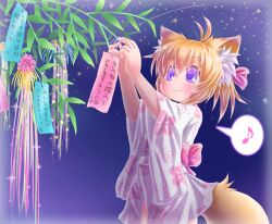  animal_ears antenna_hair bamboo commentary_request eighth_note female fox_ears fox_tail japanese_clothes kimono musical_note night night_sky obi orange_hair original photoshop_(medium) purple_eyes renaoka sash short_hair sky solo speech_bubble spoken_musical_note standing star_(sky) starry_sky tail tanabata tanzaku translated tying yukata 